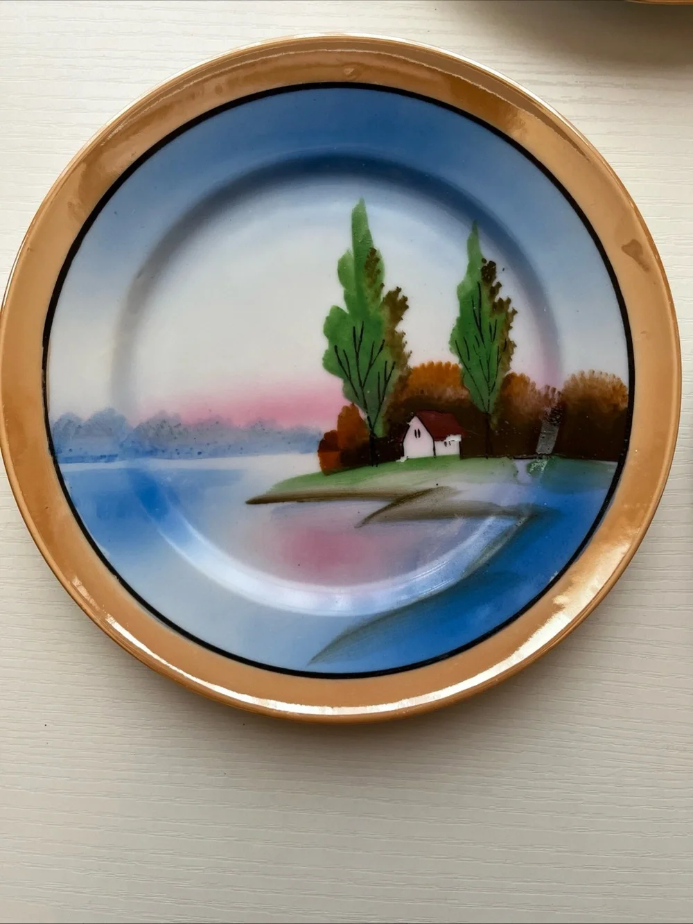 5 Trico Nagoya Japan Lusterware Plates Hand Paint Sunset Cottage Landscape 1930s